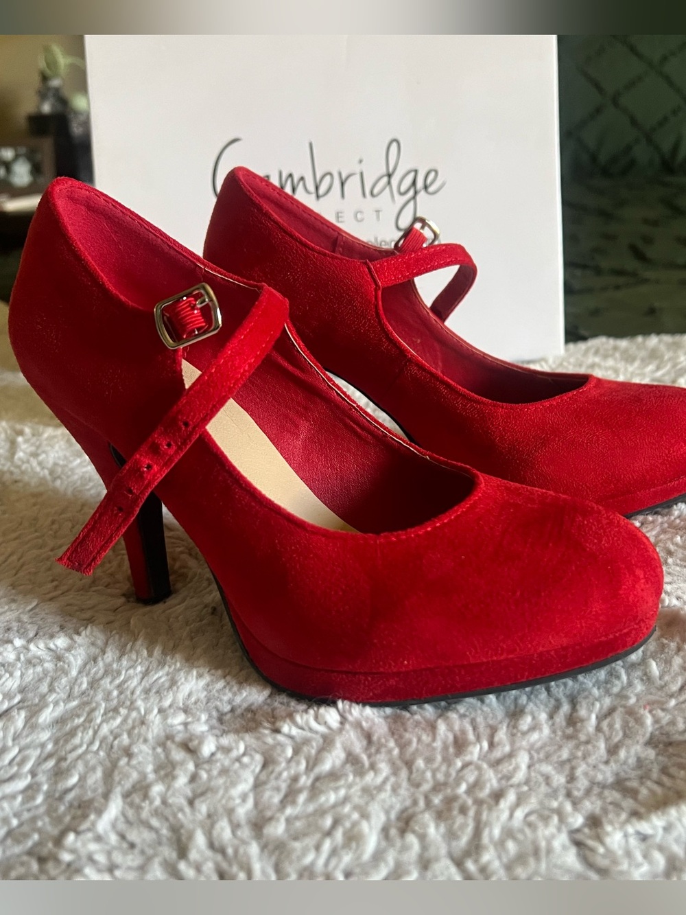 Red Suede Mary Jane Heels with Buckle Strap